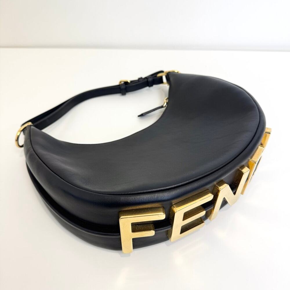 FENDI Smooth Black Leather Fendigraphy Crescent Shoulder Bag Bottom Gold Logo